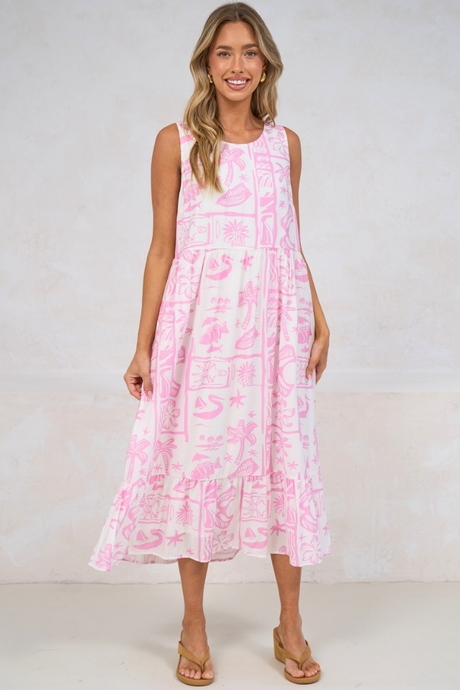 Sable Midi Dress - Round Neck Sleeveless Dress with Pockets in Liberty Print Pink