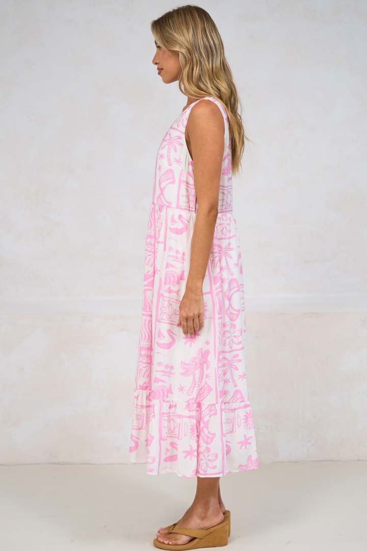 Sable Midi Dress - Round Neck Sleeveless Dress with Pockets in Liberty Print Pink