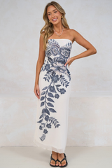 Liberty Maxi Dress - Strapless Mesh Overlay A Line Dress in Mazarine Print Navy