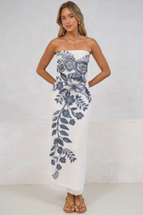 Liberty Maxi Dress - Strapless Mesh Overlay A Line Dress in Mazarine Print Navy