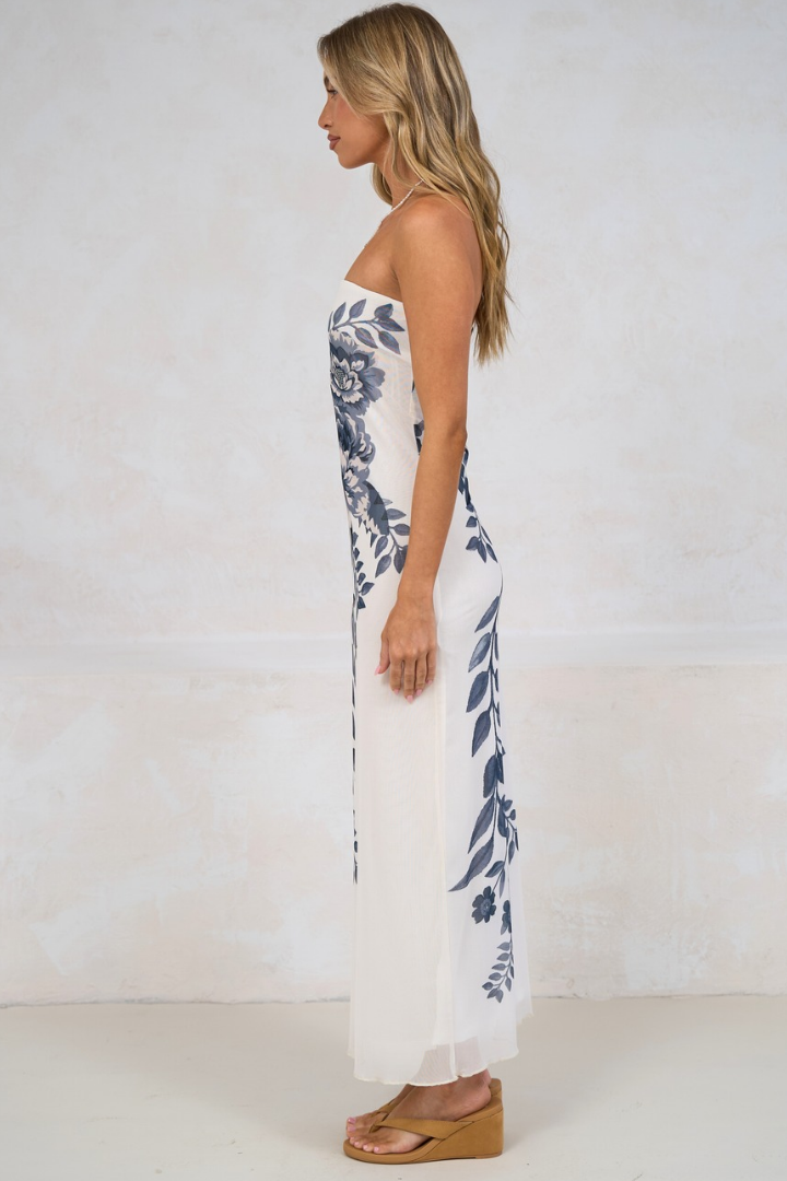 Liberty Maxi Dress - Strapless Mesh Overlay A Line Dress in Mazarine Print Navy