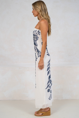 Liberty Maxi Dress - Strapless Mesh Overlay A Line Dress in Mazarine Print Navy