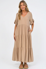 Audrina Midi Dress - Pull Over V Neck Tiered Dress with Pockets in Camel