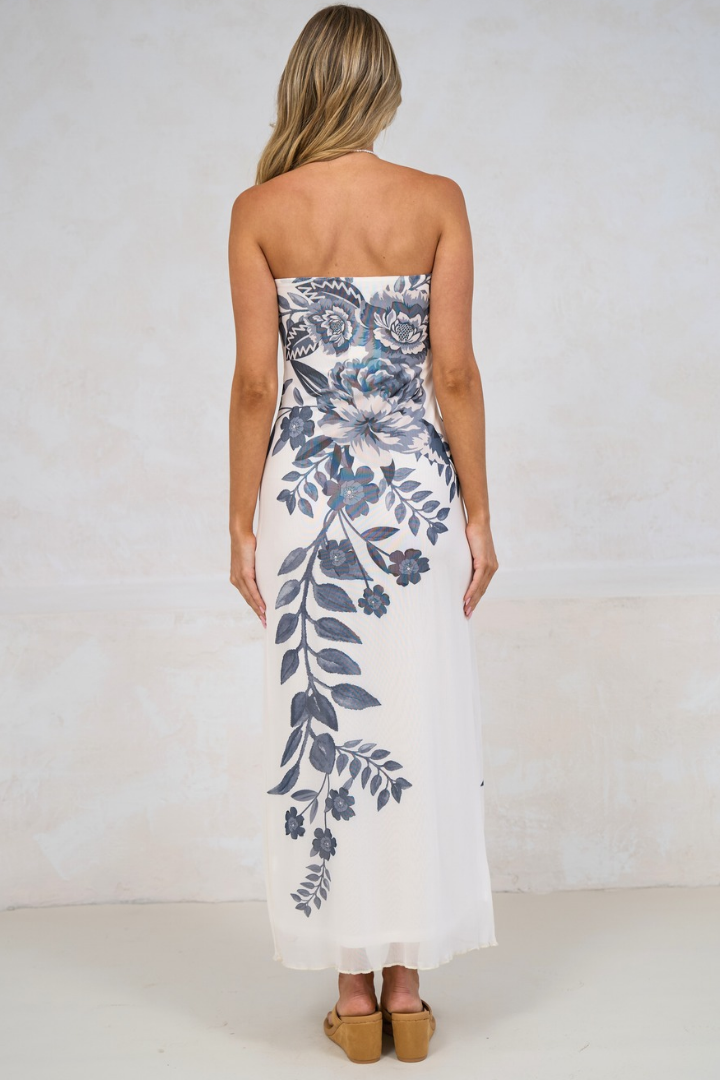 Liberty Maxi Dress - Strapless Mesh Overlay A Line Dress in Mazarine Print Navy