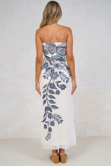 Liberty Maxi Dress - Strapless Mesh Overlay A Line Dress in Mazarine Print Navy