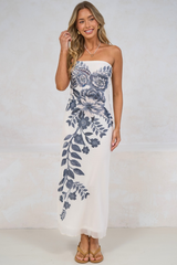 Liberty Maxi Dress - Strapless Mesh Overlay A Line Dress in Mazarine Print Navy