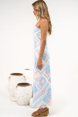 Liberty Maxi Dress - Strapless Mesh Overlay A Line Dress in Corallia Print