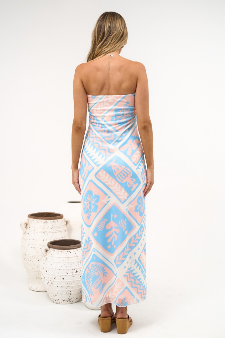 Liberty Maxi Dress - Strapless Mesh Overlay A Line Dress in Corallia Print