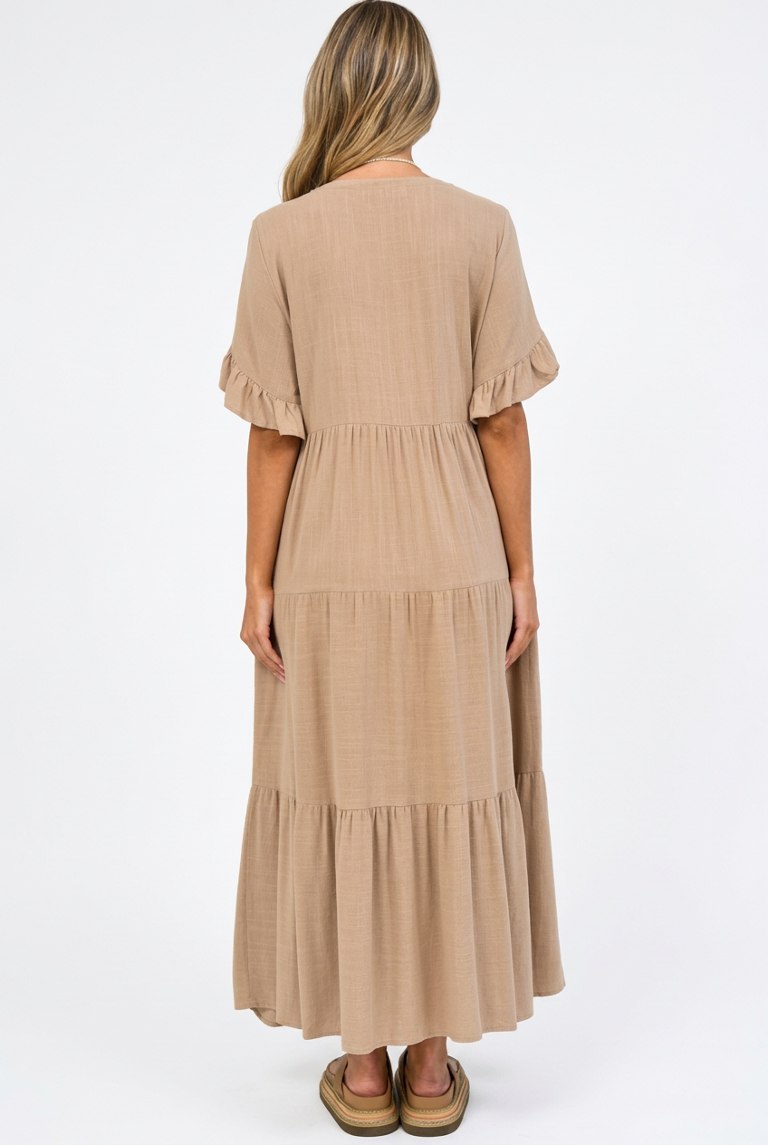 Audrina Midi Dress - Pull Over V Neck Tiered Dress with Pockets in Camel