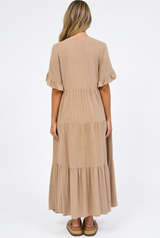 Audrina Midi Dress - Pull Over V Neck Tiered Dress with Pockets in Camel
