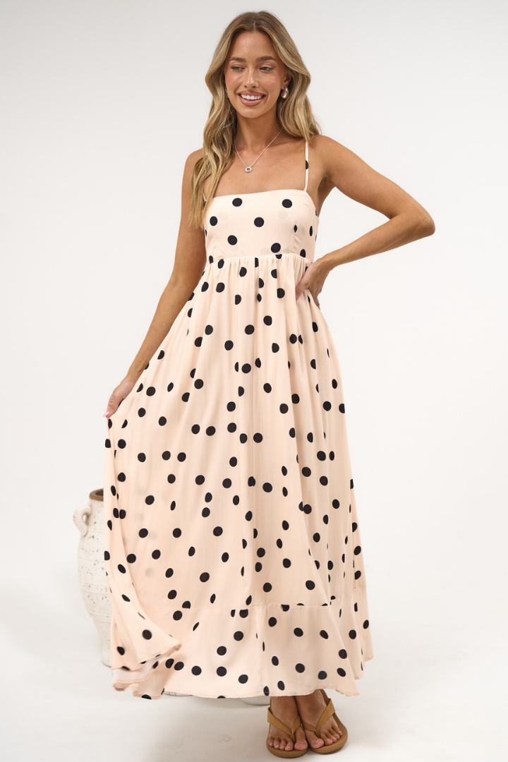 Sundae Maxi Dress - Square Neck Sun Dress with Cut Out Back in Kiki Print Beige