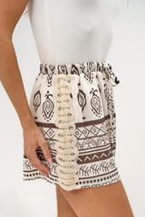 Nyala Shorts - Drawstring Elasticated Shorts with Crochet Trim Sides in Cinnamon Soul Print