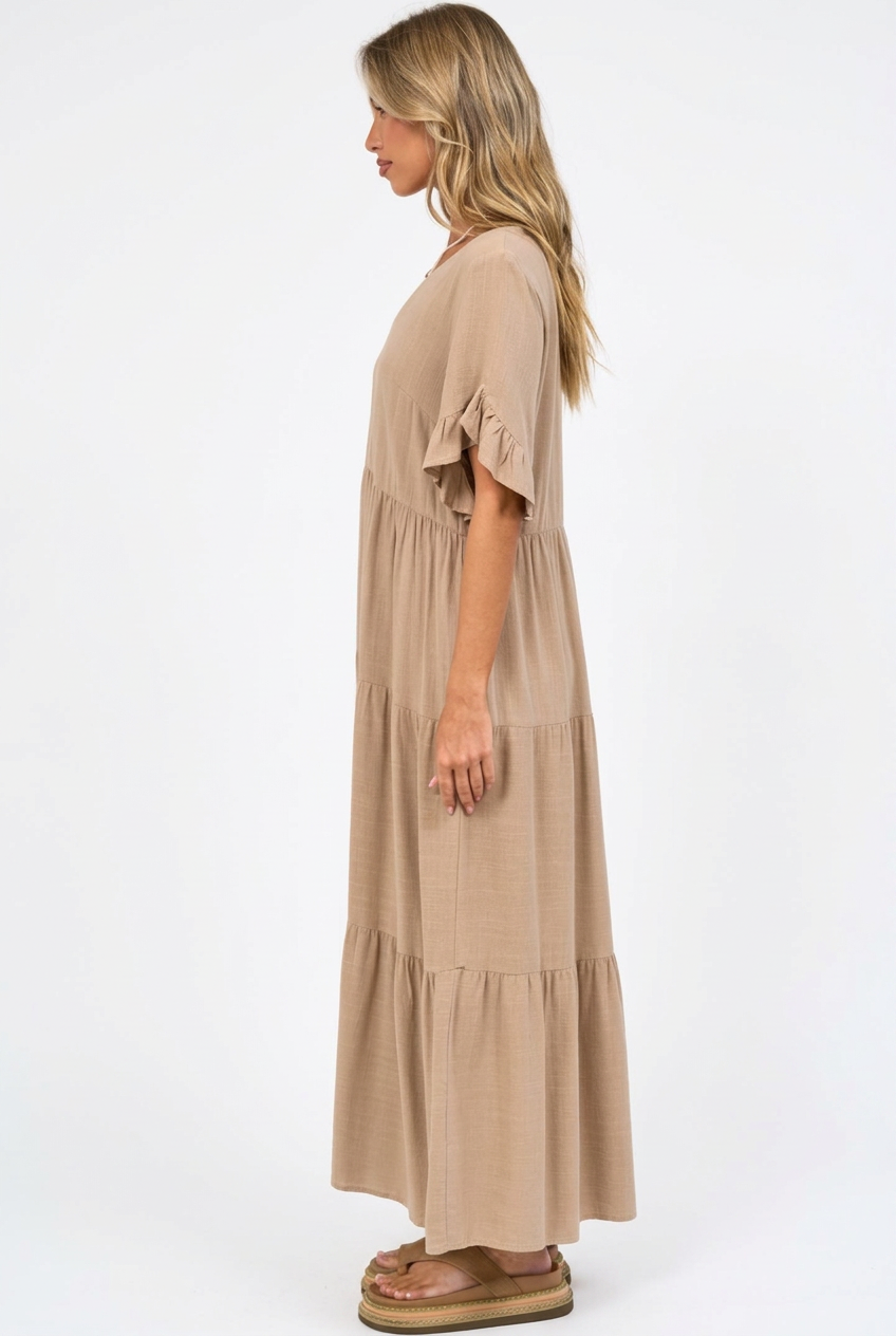 Audrina Midi Dress - Pull Over V Neck Tiered Dress with Pockets in Camel
