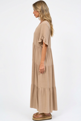 Audrina Midi Dress - Pull Over V Neck Tiered Dress with Pockets in Camel