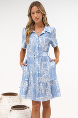 Calypso Mini Dress - Collared Shirt Dress with Short Sleeves and Matching Belt in Melba Print