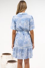 Calypso Mini Dress - Collared Shirt Dress with Short Sleeves and Matching Belt in Melba Print