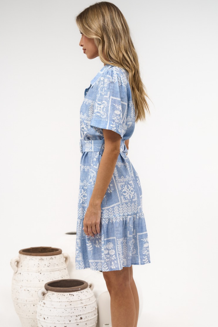 Calypso Mini Dress - Collared Shirt Dress with Short Sleeves and Matching Belt in Melba Print