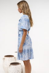 Calypso Mini Dress - Collared Shirt Dress with Short Sleeves and Matching Belt in Melba Print