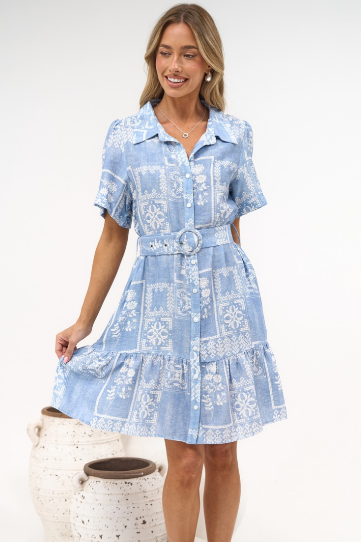 Calypso Mini Dress - Collared Shirt Dress with Short Sleeves and Matching Belt in Melba Print
