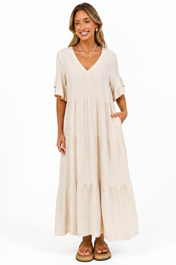 Audrina Midi Dress - Pull Over V Neck Tiered Dress with Pockets in Oat