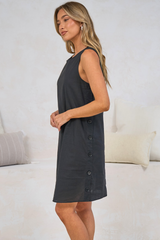 Bonny Mini Dress - Sleeveless Shift Dress with Large Button Detailed Side Seams in Black