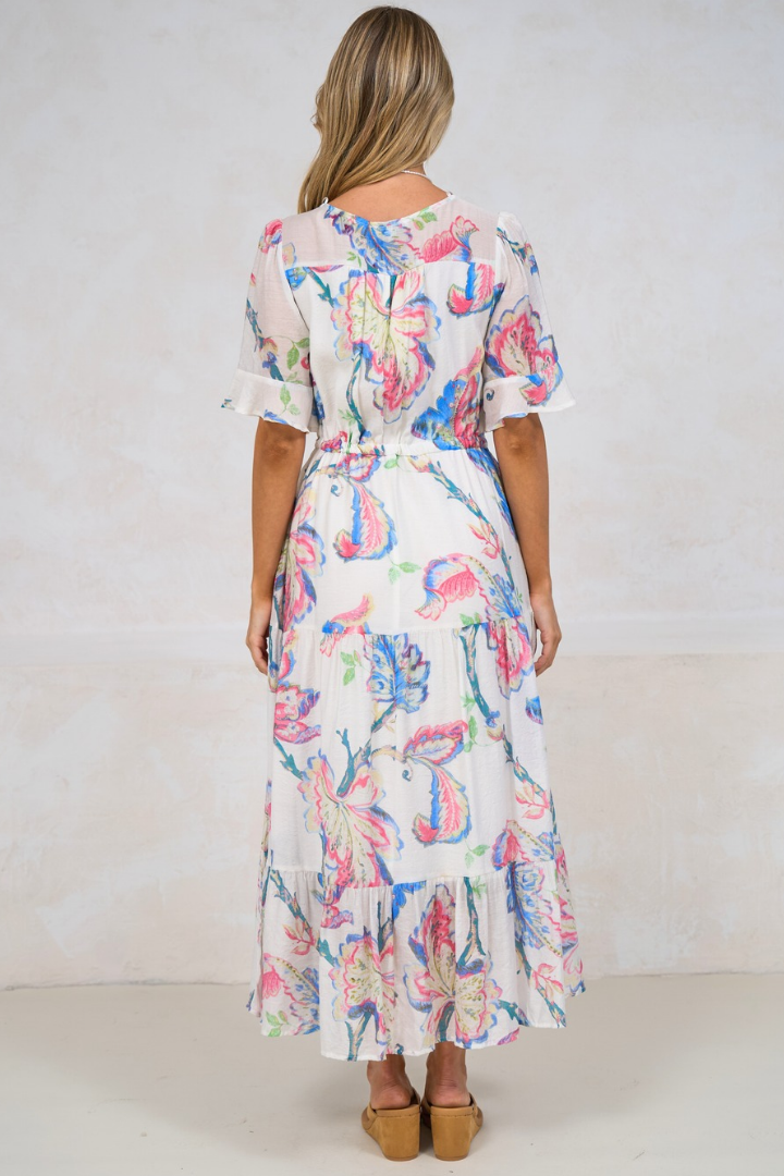 Dayla Midi Dress - Pull Tie Waist A-Line Dress with Ruffle Trim Sleeves in Lazuli Print