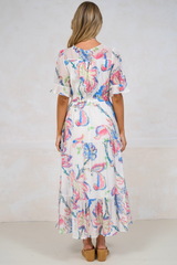 Dayla Midi Dress - Pull Tie Waist A-Line Dress with Ruffle Trim Sleeves in Lazuli Print