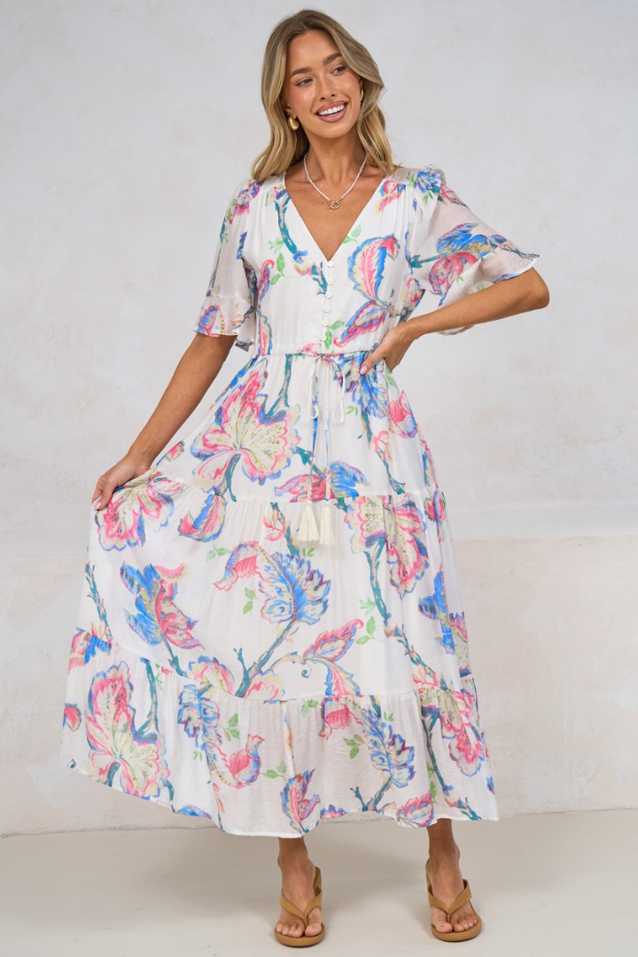 Dayla Midi Dress - Pull Tie Waist A-Line Dress with Ruffle Trim Sleeves in Lazuli Print
