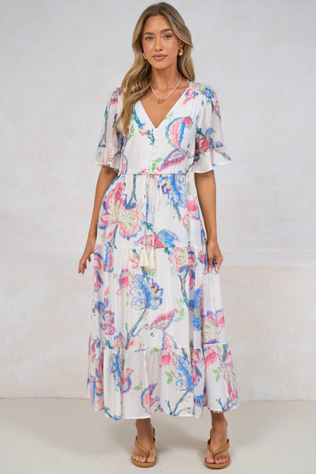 Dayla Midi Dress - Pull Tie Waist A-Line Dress with Ruffle Trim Sleeves in Lazuli Print