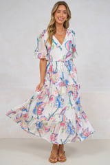 Dayla Midi Dress - Pull Tie Waist A-Line Dress with Ruffle Trim Sleeves in Lazuli Print