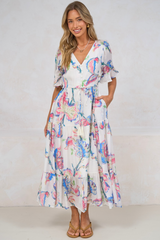Dayla Midi Dress - Pull Tie Waist A-Line Dress with Ruffle Trim Sleeves in Lazuli Print