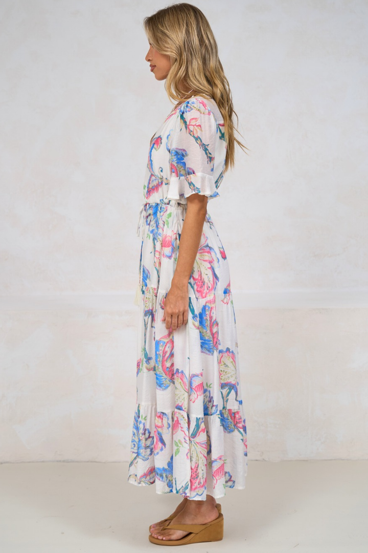 Dayla Midi Dress - Pull Tie Waist A-Line Dress with Ruffle Trim Sleeves in Lazuli Print
