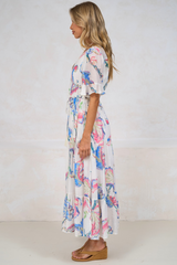 Dayla Midi Dress - Pull Tie Waist A-Line Dress with Ruffle Trim Sleeves in Lazuli Print