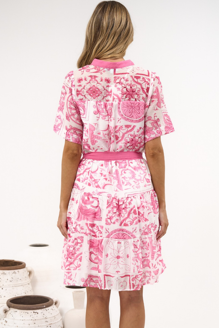 Floretta Mini Dress - Mandarin Collared Button Down Shirt Dress with Waist Tie in Fleurie Print