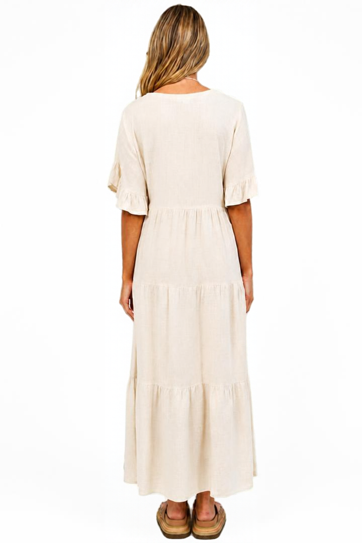 Audrina Midi Dress - Pull Over V Neck Tiered Dress with Pockets in Oat