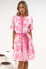 Floretta Mini Dress - Mandarin Collared Button Down Shirt Dress with Waist Tie in Fleurie Print