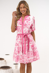 Floretta Mini Dress - Mandarin Collared Button Down Shirt Dress with Waist Tie in Fleurie Print