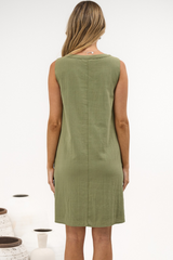 Milos Mini Dress - Crew Neck Pintuck Sleeveless Shift Dress with Pockets in Green