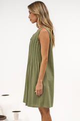 Milos Mini Dress - Crew Neck Pintuck Sleeveless Shift Dress with Pockets in Green