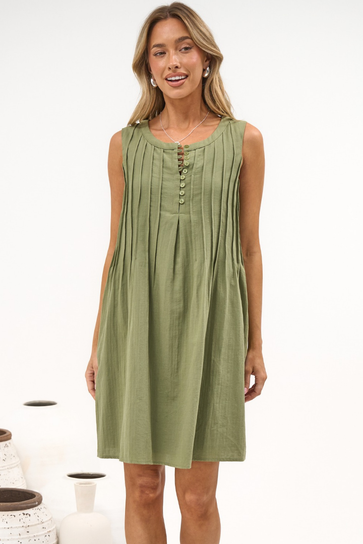 Milos Mini Dress - Crew Neck Pintuck Sleeveless Shift Dress with Pockets in Green