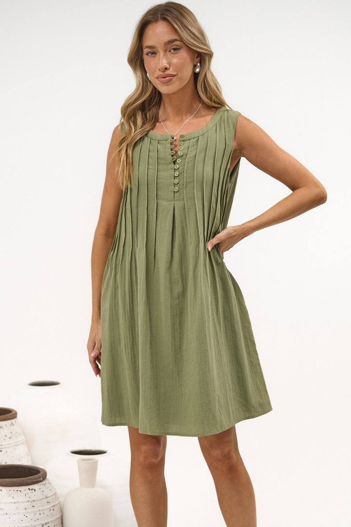 Milos Mini Dress - Crew Neck Pintuck Sleeveless Shift Dress with Pockets in Green