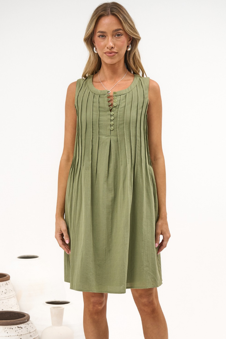 Milos Mini Dress - Crew Neck Pintuck Sleeveless Shift Dress with Pockets in Green