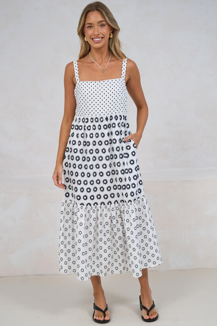 Aubrie Midi Dress - Square Neck Tiered Sun Dress with Tie at the Back in Viliana Print