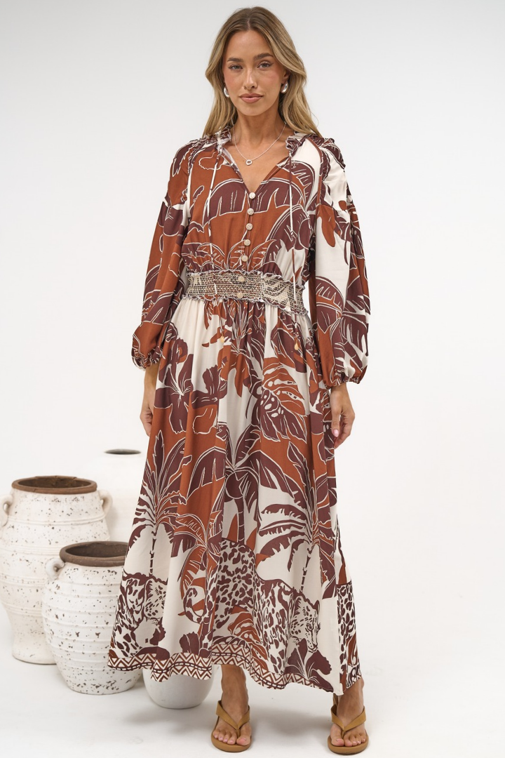 Prisca Maxi Dress - V Neck A Line Long Sleeve Dress with Pockets Samara Print