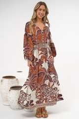 Prisca Maxi Dress - V Neck A Line Long Sleeve Dress with Pockets Samara Print