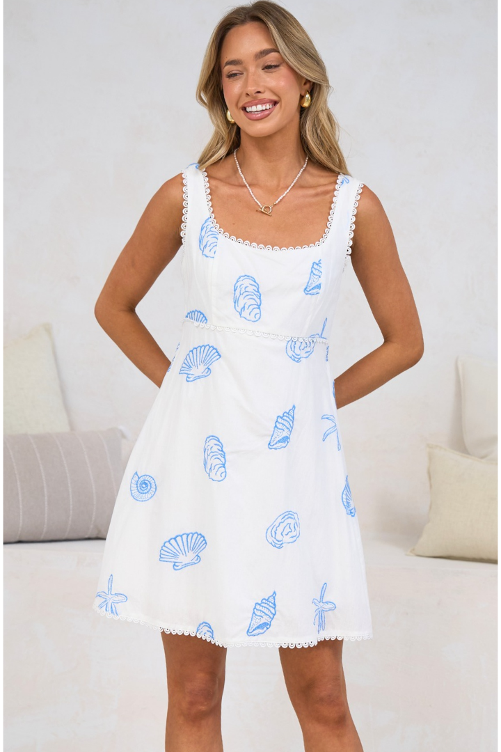 Rosella Mini Dress - Scallop Lace Trim Sun Dress with Adjustable Straps in Opaline Print