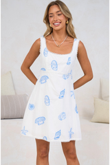 Rosella Mini Dress - Scallop Lace Trim Sun Dress with Adjustable Straps in Opaline Print