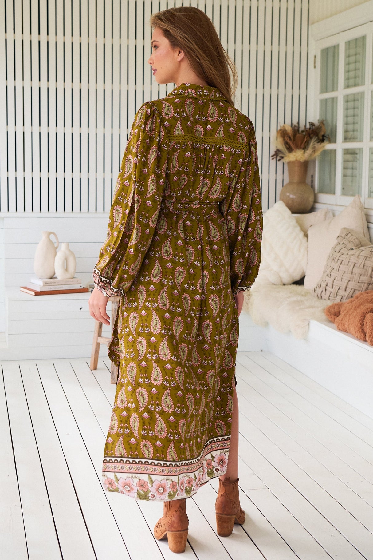 JAASE - Whitney Midi Dress: Collared Button Down Shirt Dress with Belt in Amalie Print