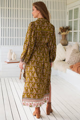 JAASE - Whitney Midi Dress: Collared Button Down Shirt Dress with Belt in Amalie Print