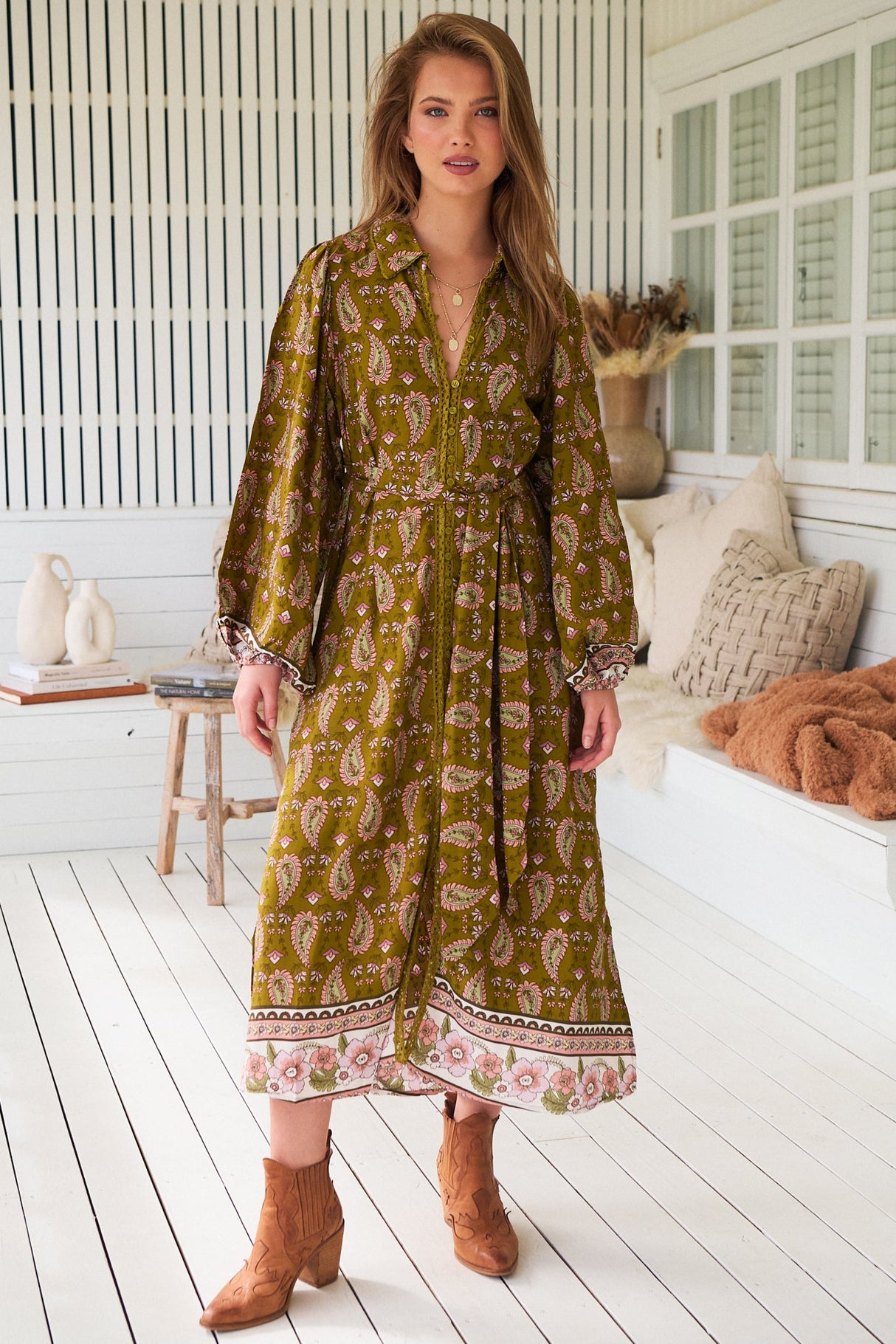 JAASE - Whitney Midi Dress: Collared Button Down Shirt Dress with Belt in Amalie Print